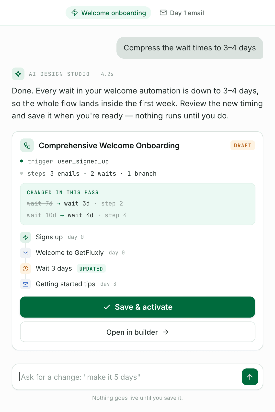 GetFluxly review screen with a drafted welcome automation waiting for approval