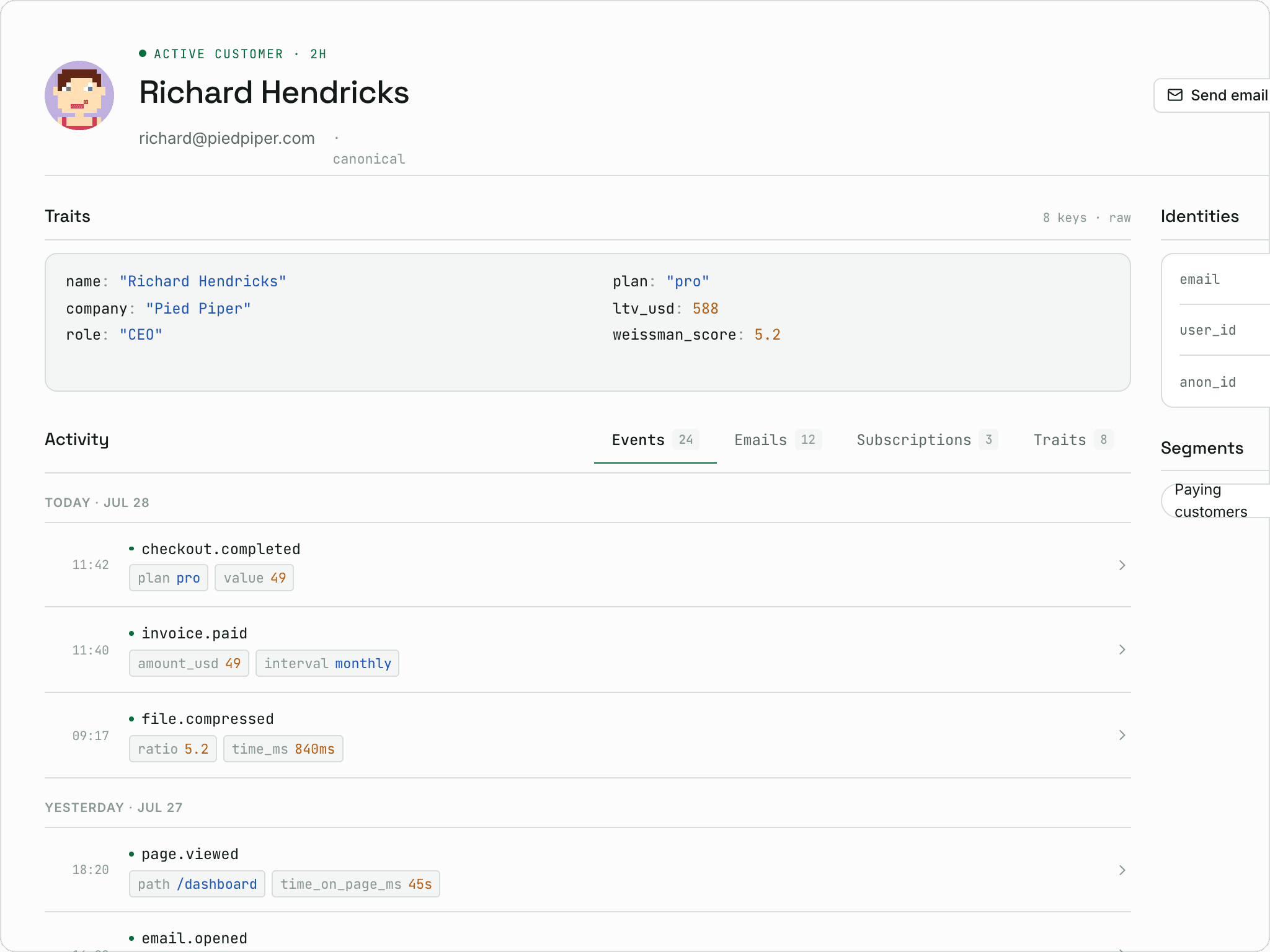 GetFluxly profile timeline for a single user, with traits and recent events